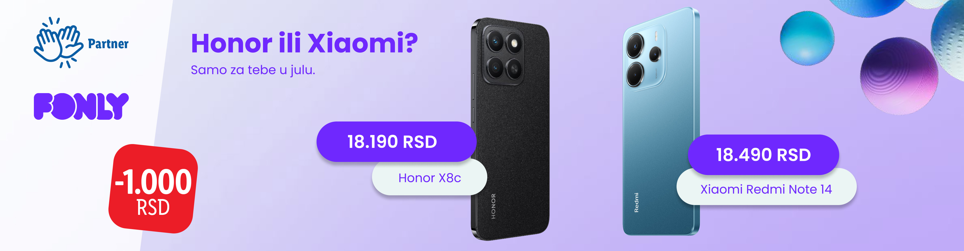 Ponuda telefona Honor X8c i Xiaomi Redmi Note 14 u julu, sa popustom od 1000 RSD.