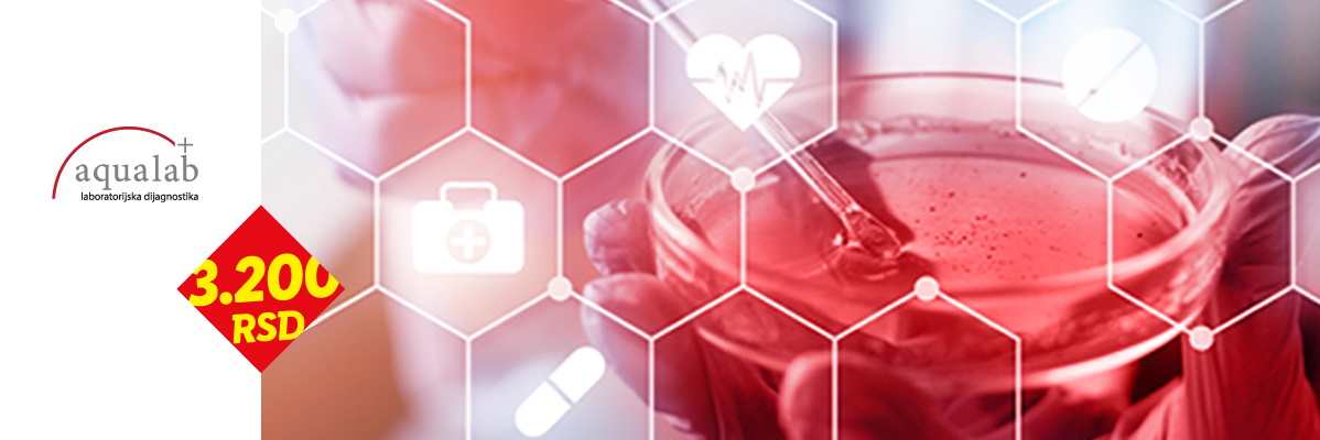 Medicinska laboratorija sa cenom od 3.200 RSD, prikazana sa medicinskim ikonama i uzorkom.