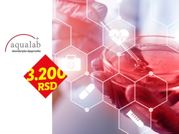 Laboratorijska dijagnostika sa cenom od 3.200 RSD, prikazana sa medicinskim ikonama i uzorkom krvi.
