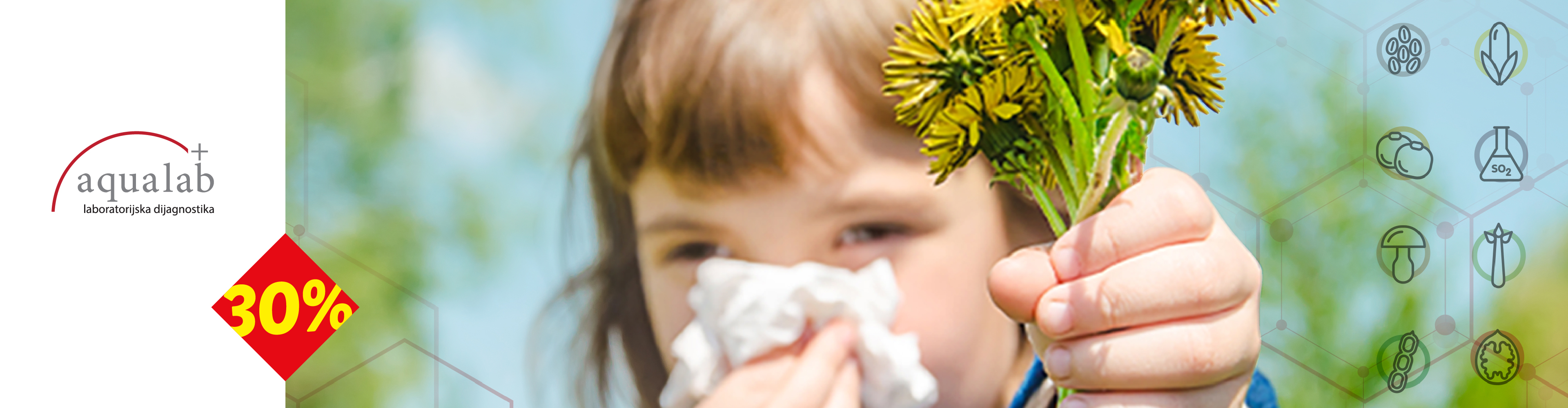 Devojčica sa alergijom na polen drži maslačke, sa logom Aqualab i popustom od 30%.