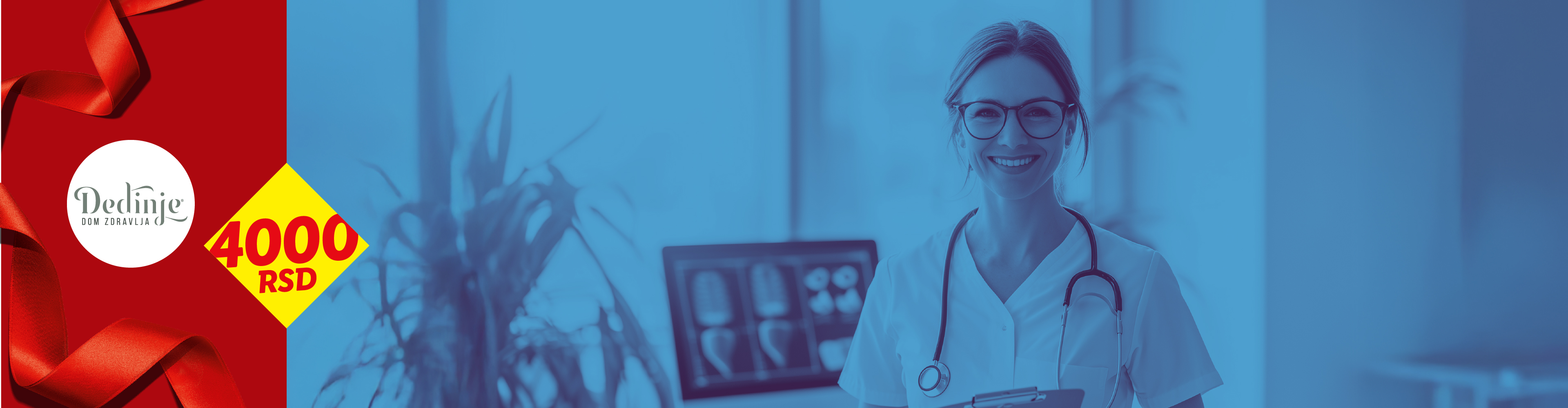 Medicinska sestra sa stetoskopom i natpisom 'Dedinje Dom Zdravlja' i '4000 RSD'.