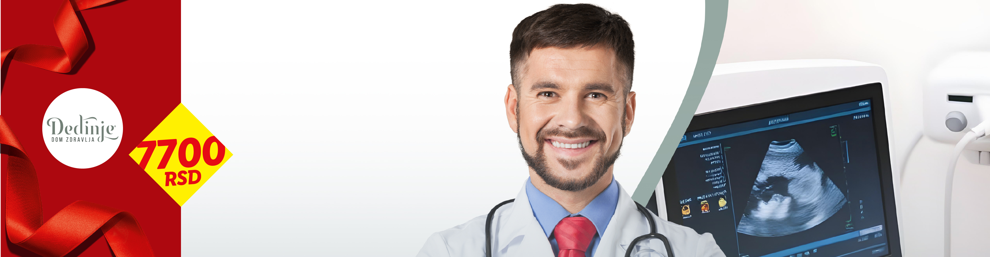 Doktor sa stetoskopom, ultrazvučni aparat i logo Doma zdravlja Dedinje sa cenom 7700 RSD.
