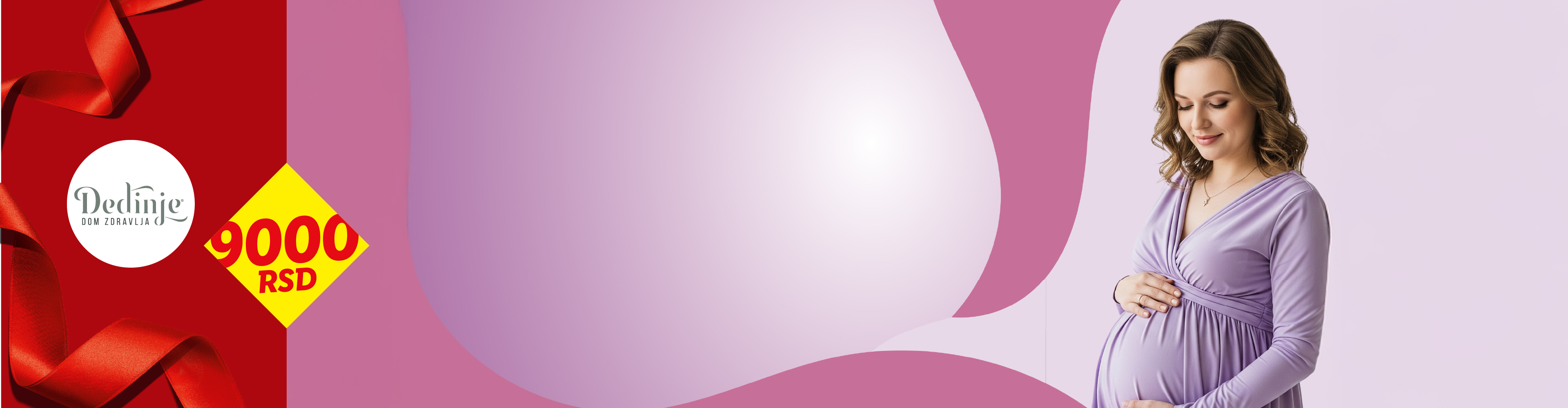 Trudnica u ljubičastoj haljini, sa cenom od 9000 RSD i logom DEDINJE DOM ZDRAVLJA.