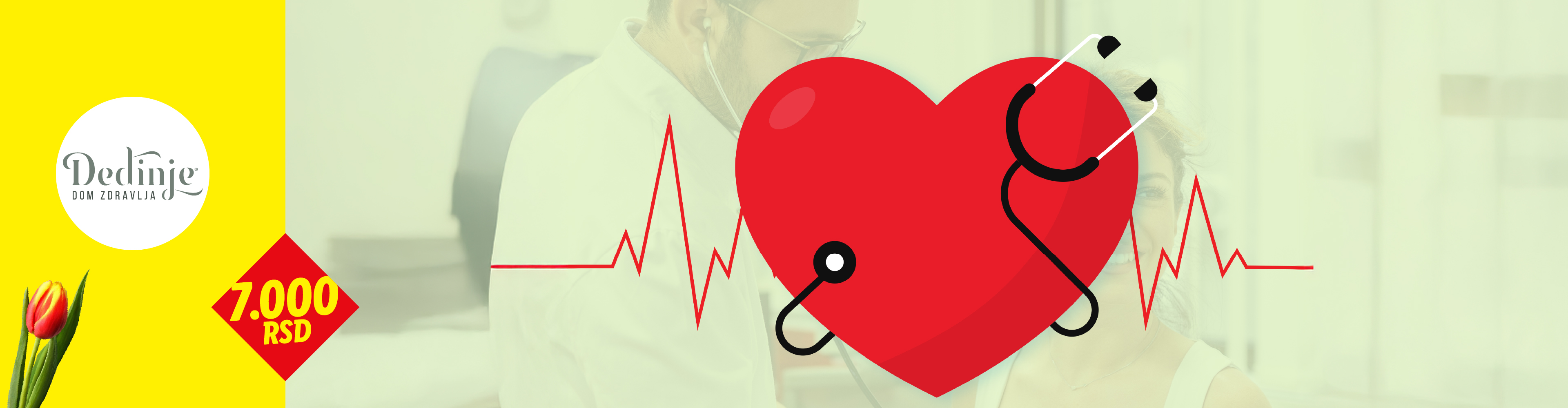 Lekar pregleda pacijenta, sa srcem i stetoskopom, cena 7.000 RSD.