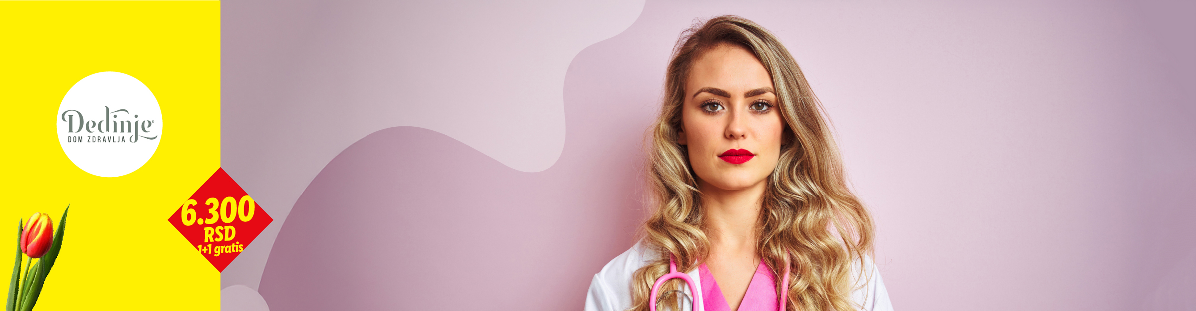 Doktorka sa stetoskopom, tulipan i ponuda 6.300 RSD 1+1 gratis.