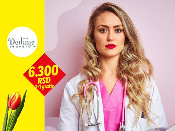 Doktorka u belom mantilu i roze uniformi, sa stetoskopom, pored žutog polja sa cenom i lalom.