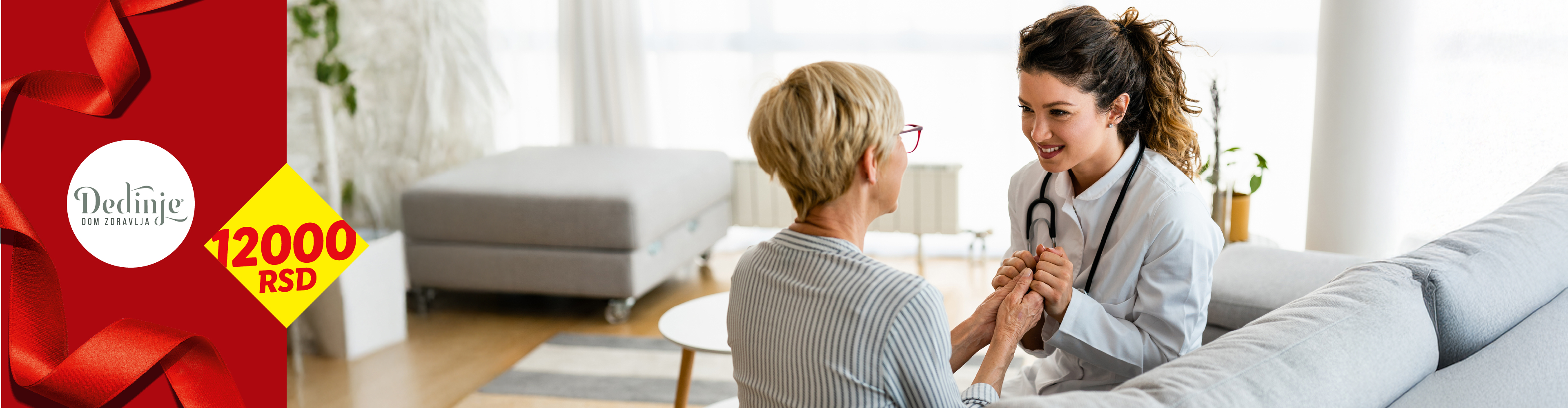 Doktorka drži ruku starije žene, sa logom DEDINJE DOM ZDRAVLJA i cenom od 12000 RSD.