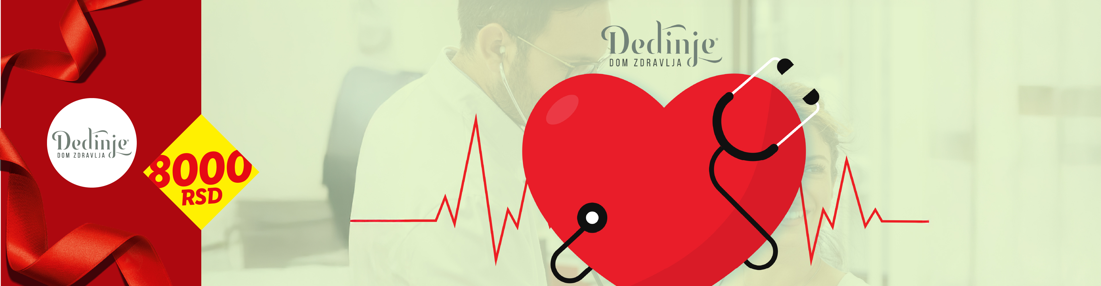 Doktor pregleda pacijenta, srce sa stetoskopom, EKG linija, cena 8000 RSD.