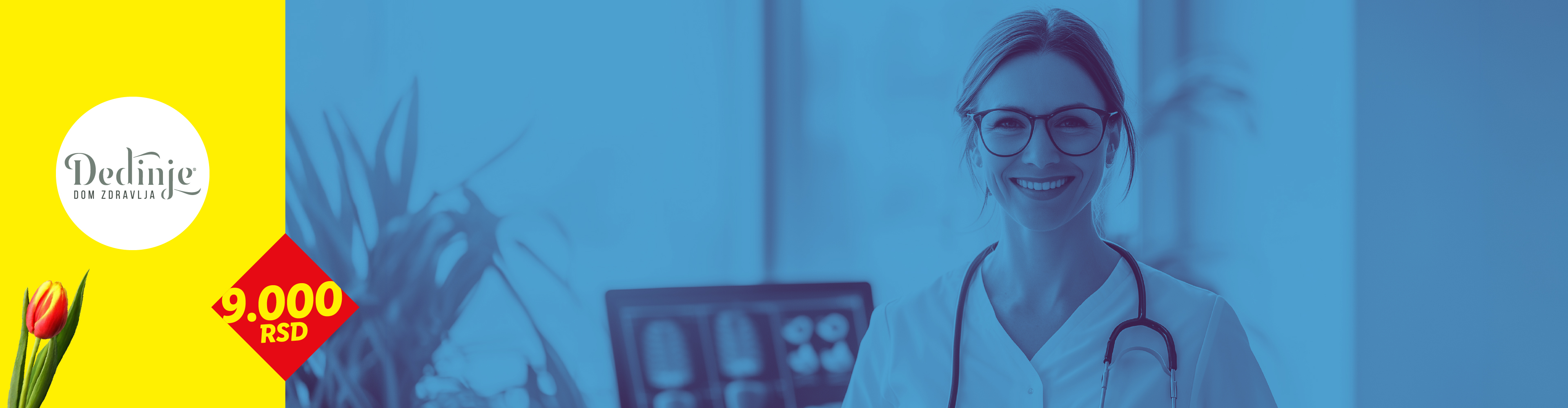 Žena u medicinskoj uniformi sa stetoskopom i naočarima, sa logom i cenom od 9.000 RSD.