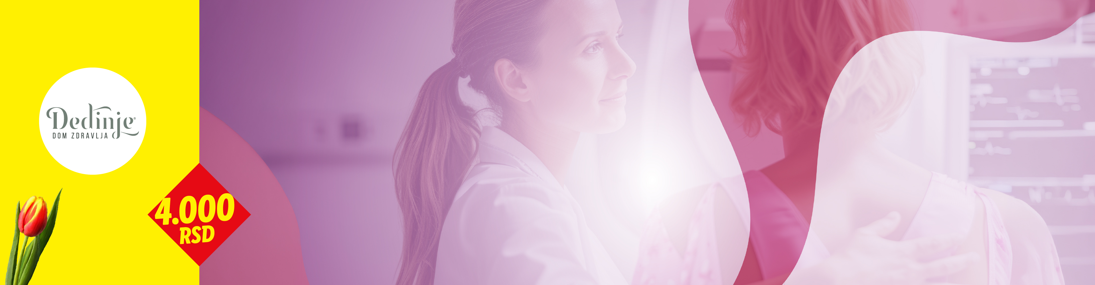 Žena u medicinskom okruženju sa logotipom i cenom od 4.000 RSD, sa lalom.