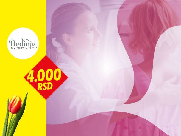 Žena u medicinskoj uniformi i pacijentkinja, sa cenom od 4.000 RSD i tulipanom.