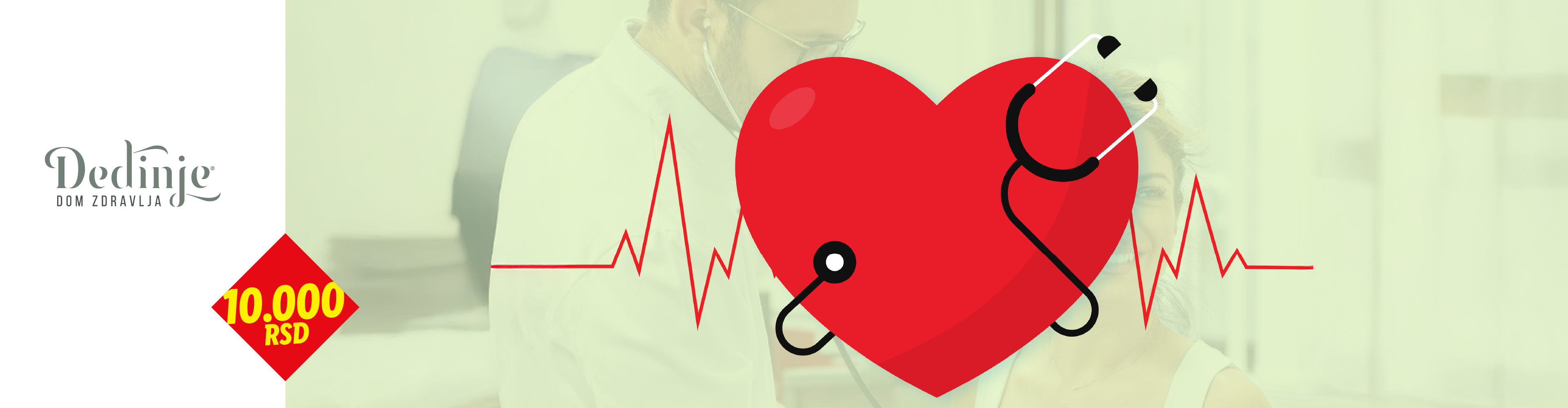 Lekar pregleda pacijenta, sa srcem i EKG linijom u prvom planu, uz cenu od 10.000 RSD.