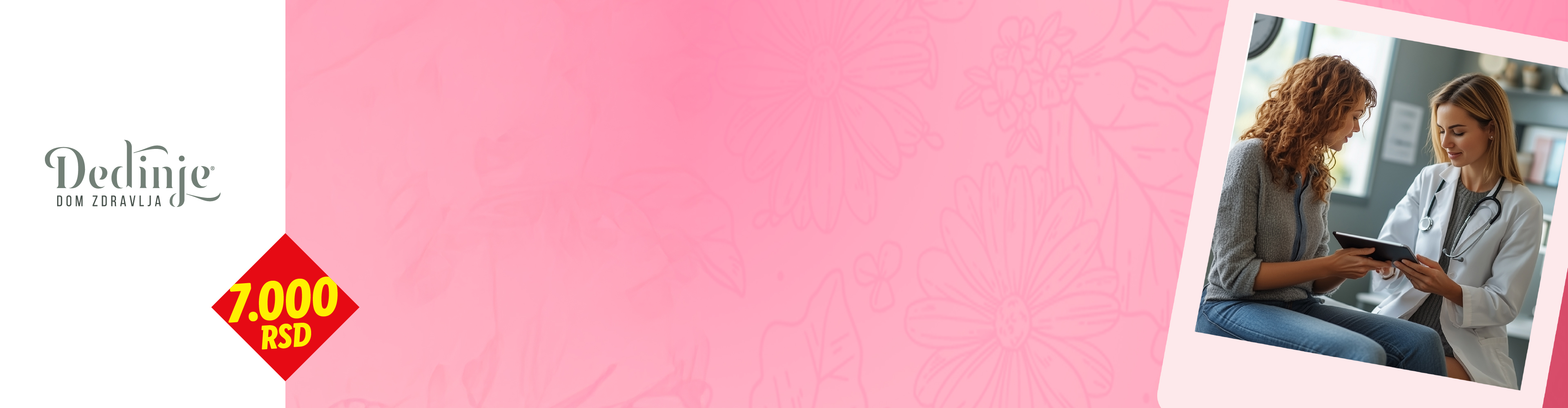 Lekar i pacijentkinja gledaju u tablet, sa logom zdravstvene ustanove i cenom od 7.000 RSD.