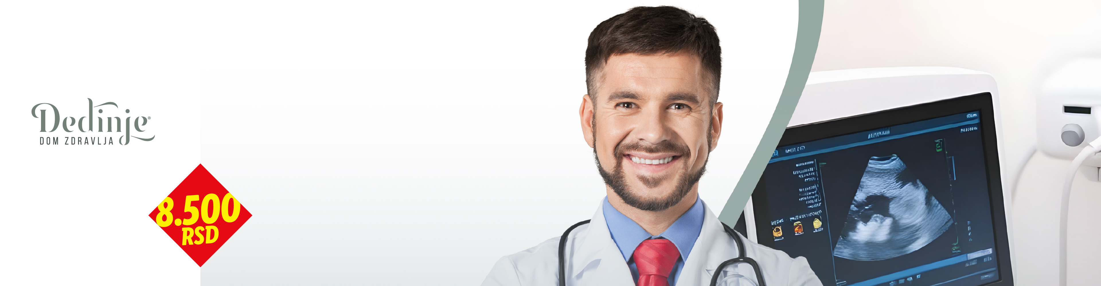 Doktor sa stetoskopom i ultrazvučnim aparatom, sa cenom od 8.500 RSD.