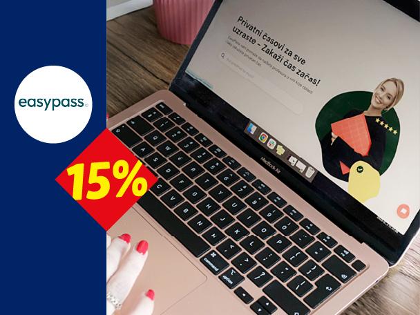 Laptop sa natpisom „Privatni časovi za sve uzraste – Zakaži čas začas!“ i popustom od 15%.