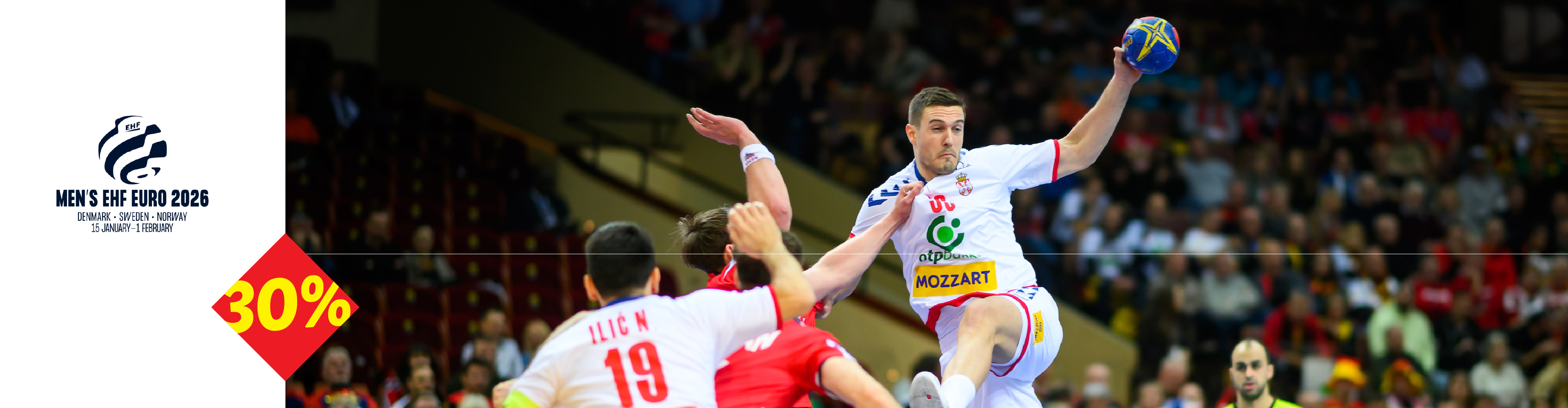 Rukometaši u akciji sa logom EHF EURO 2026 i natpisom „30%“.