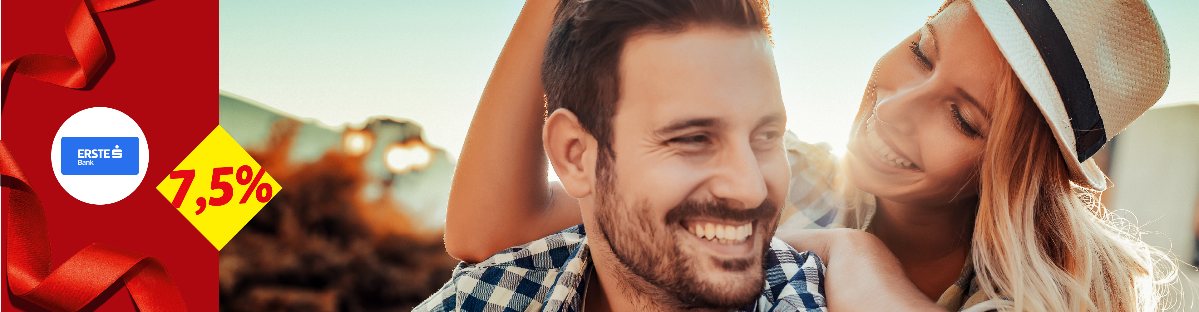 Nasmejani par sa logom Erste Banke i natpisom '7,5%' na crvenoj pozadini.