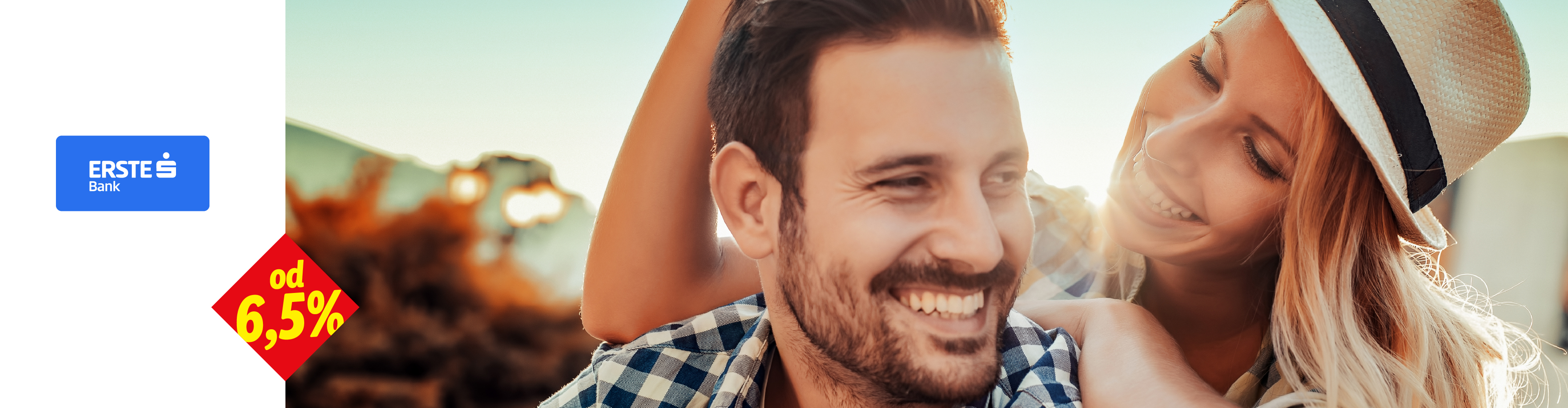 Nasmejani par sa tekstom 'od 6,5%' na crvenom rombu.