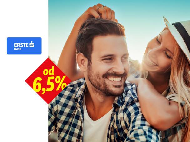 Nasmejani par sa natpisom 'od 6,5%' na crvenom rombu.