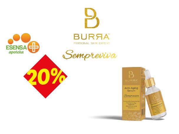 Burra serum protiv starenja i Esensa apoteka logo sa 20% popusta.