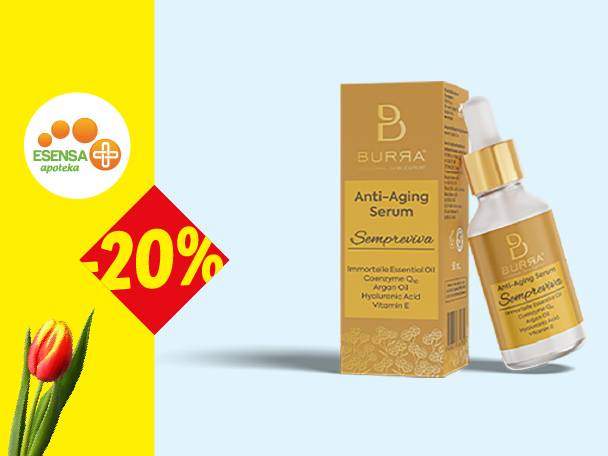 Serum protiv starenja sa 20% popusta, sa logom apoteke i tulipanom.