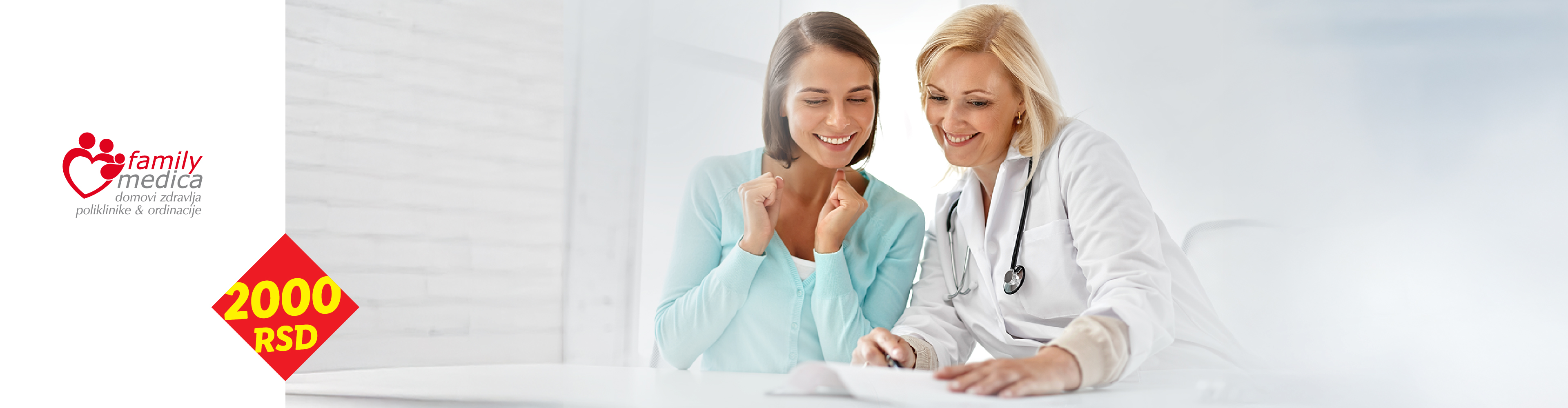 Doktorka i pacijentkinja se smeju, sa logom i cenom od 2000 RSD.