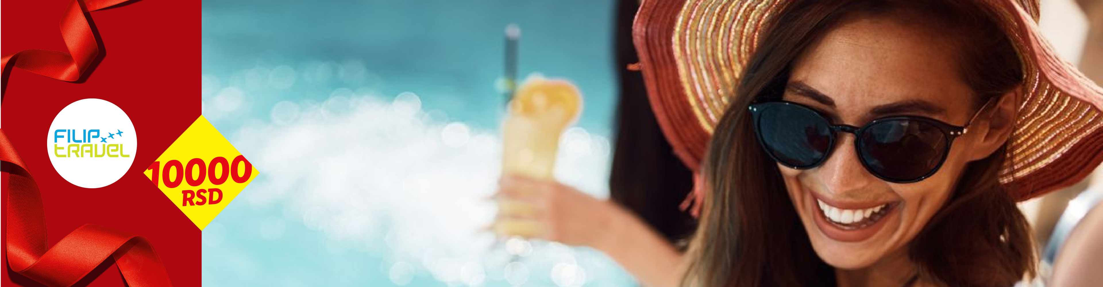 Žena u šeširu i naočarima za sunce se smeje pored bazena, sa logom Filip Travel i 10000 RSD.