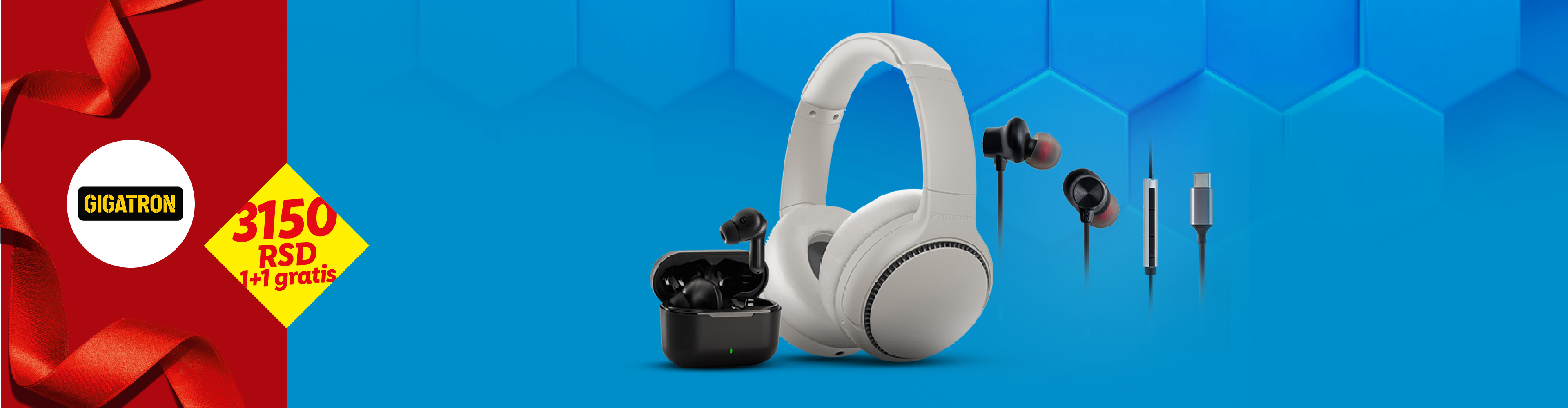 Slušalice, bubice i kabl za punjenje sa Gigatron logom i popustom od 25%.