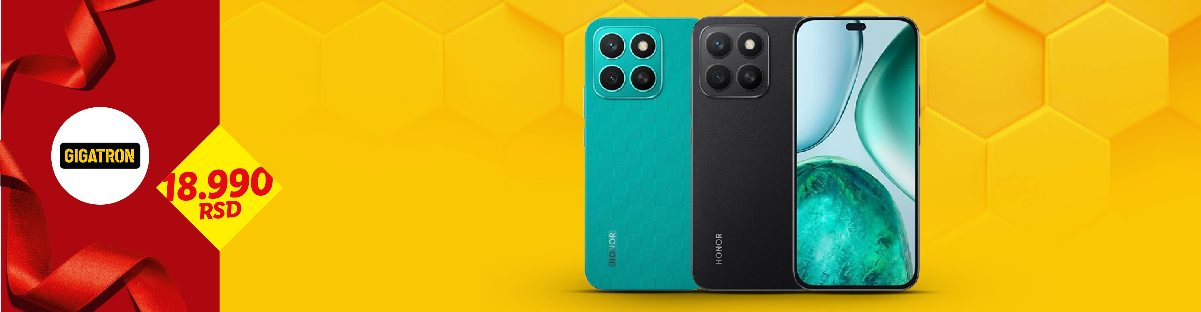 Dva Honor telefona, jedan tirkizni i jedan crni, sa cenom od 18.990 RSD u Gigatronu.