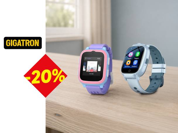 Dva dečija pametna sata u boji na drvenom stolu, sa natpisom -20% popusta.