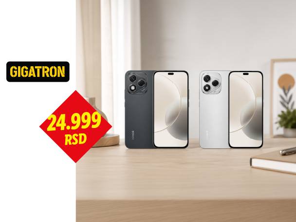 Dva pametna telefona, jedan crni i jedan beli, sa cenom od 24.999 RSD.
