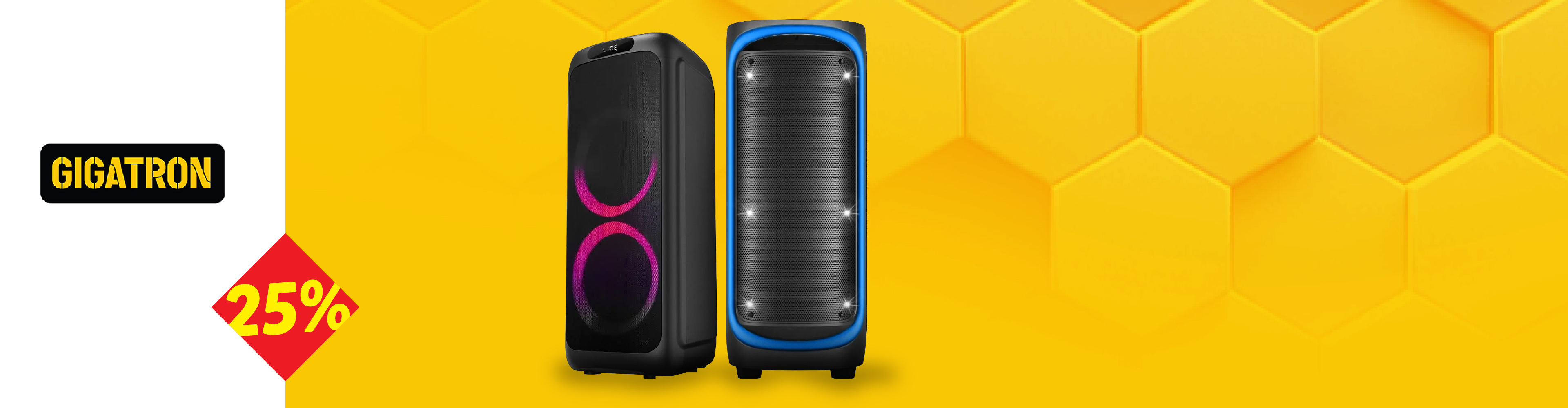 Gigatron zvučnici sa 25% popusta na žutoj pozadini sa heksagonalnim uzorkom.