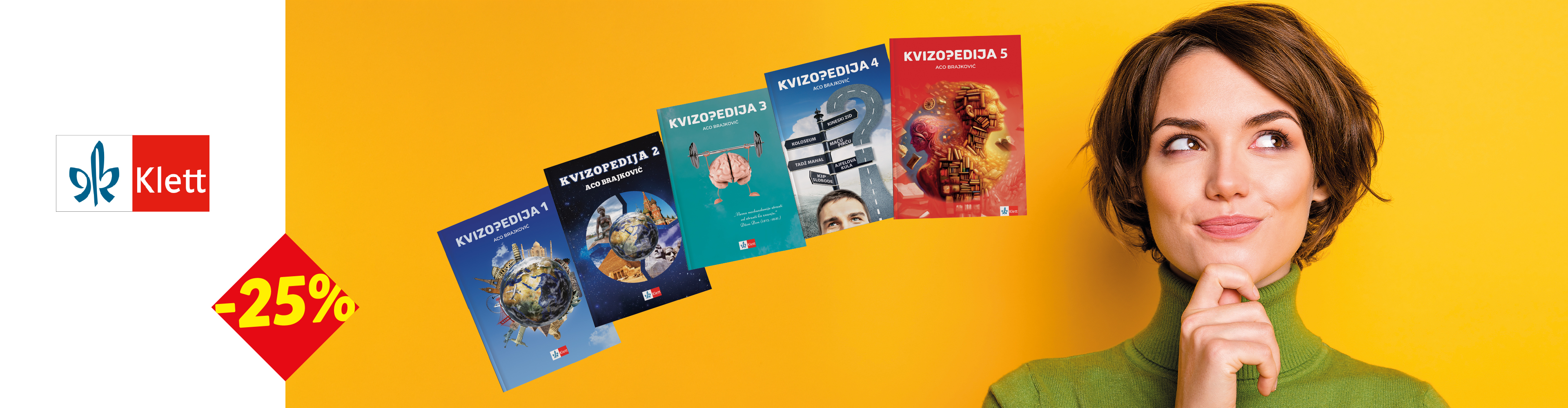 Žena razmišlja pored pet knjiga kvizopedije sa popustom od 25%.