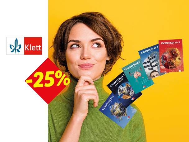 Žena razmišlja o kupovini knjiga iz serije Kvizopedija, uz popust od 25%.