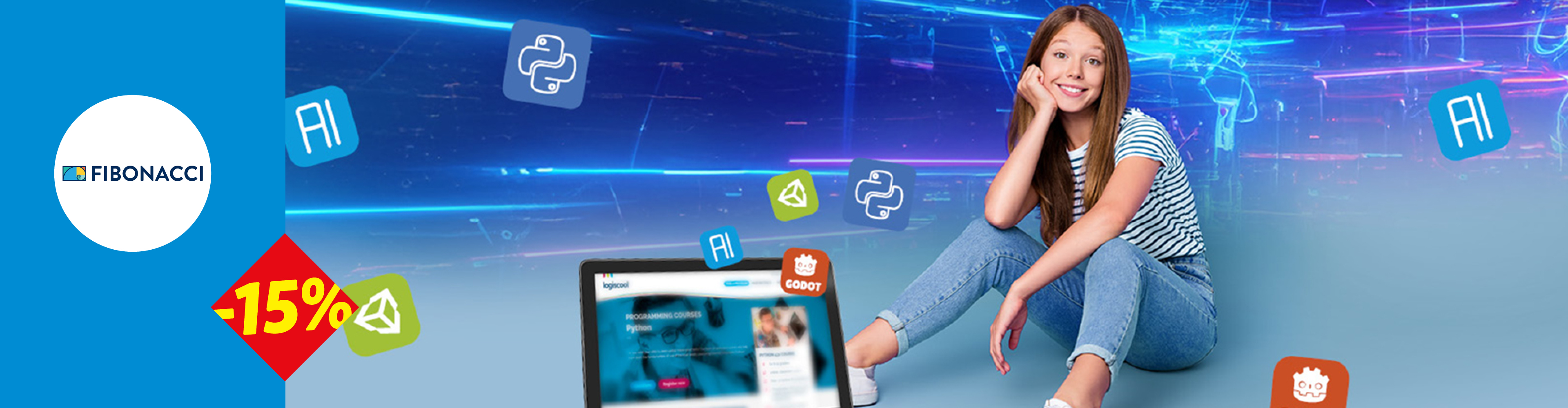 Devojka sa laptopom i ikonama za programiranje, popust od 15%.