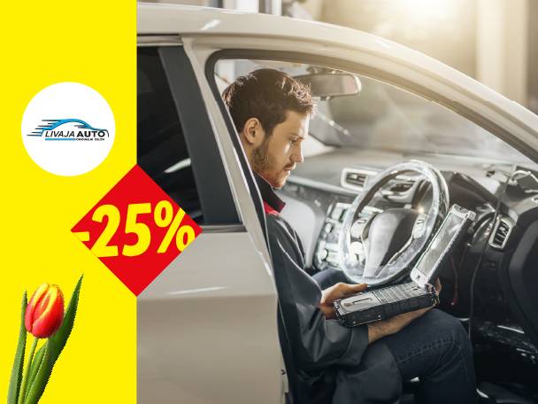 Muškarac u automobilu sa laptopom, sa logom auto servisa, popustom od 25% i lalom.