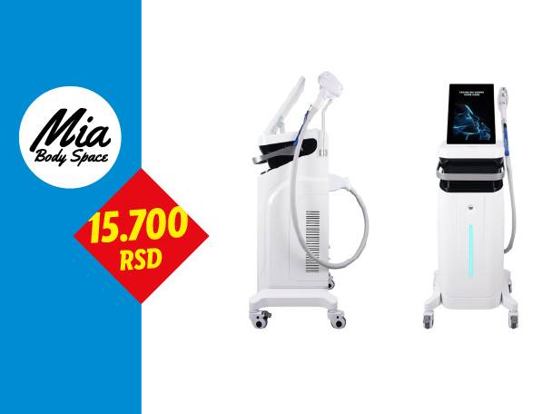 Dva bela kozmetička aparata sa ekranima, sa logom 'Mia Body Space' i cenom 15.700 RSD.