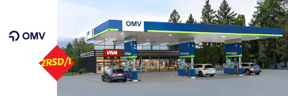 Benzinska pumpa sa prodavnicom i automobilima, sa popustom od 2 RSD po litru.