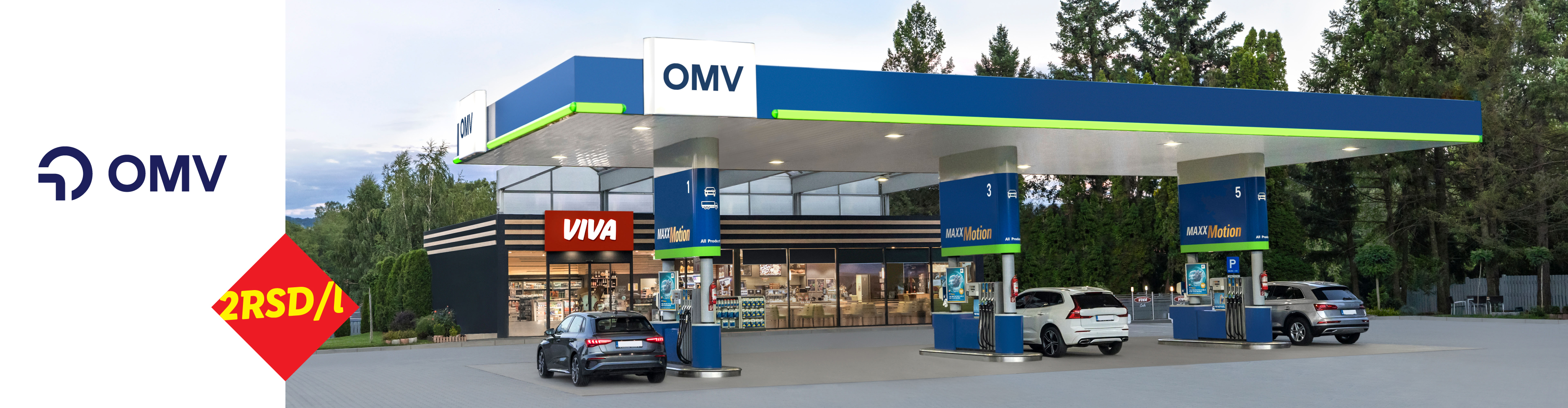 Benzinska pumpa sa prodavnicom i automobilima, sa popustom od 2 RSD po litru.