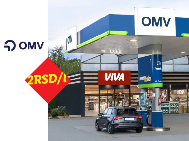 Benzinska pumpa sa automobilom, prodavnicom i natpisom '2RSD/L'.