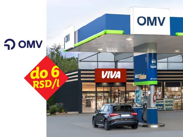OMV benzinska pumpa sa natpisom VIVA i automobilom koji toči gorivo.