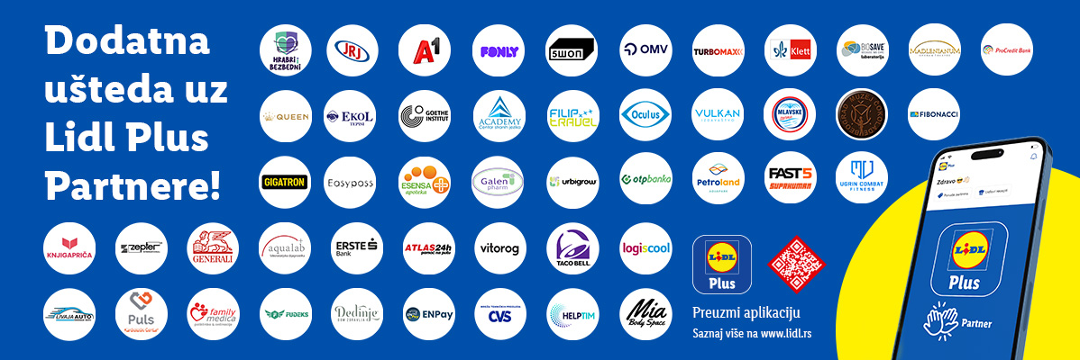 Promotivni baner sa tekstom 'Dodatna ušteda uz Lidl Plus Partnere!' koji prikazuje logotipe partnerskih kompanija i mobilni telefon sa aplikacijom Lidl Plus.