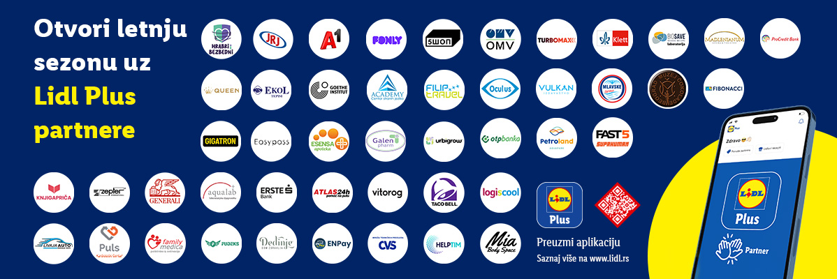 Lidl Plus partneri za letnju sezonu, sa prikazom aplikacije i QR koda.