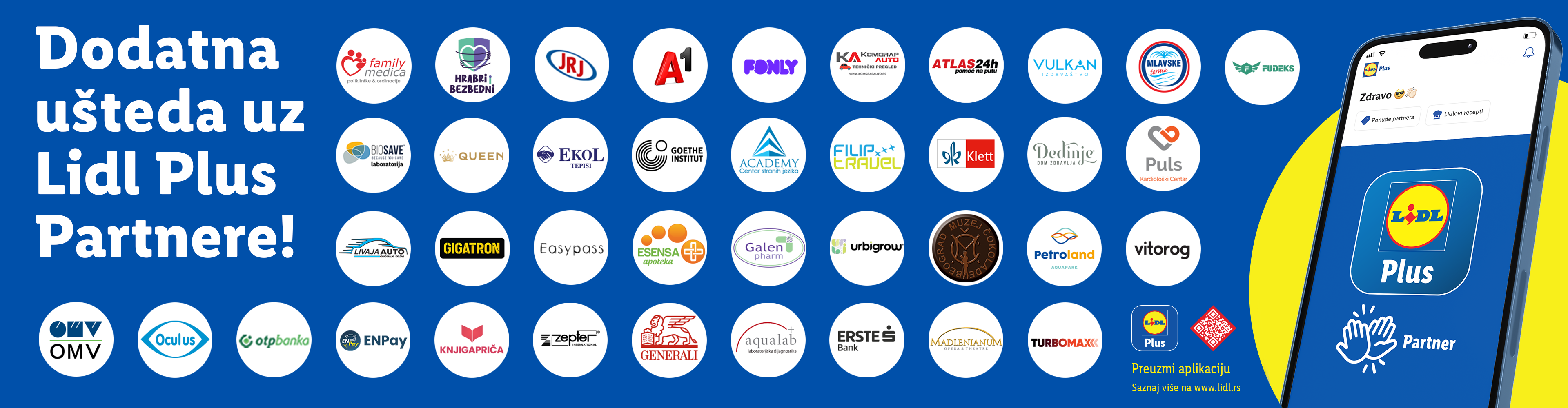 Dodatna ušteda uz Lidl Plus Partnere! Prikazani su logotipi partnera i aplikacija Lidl Plus.