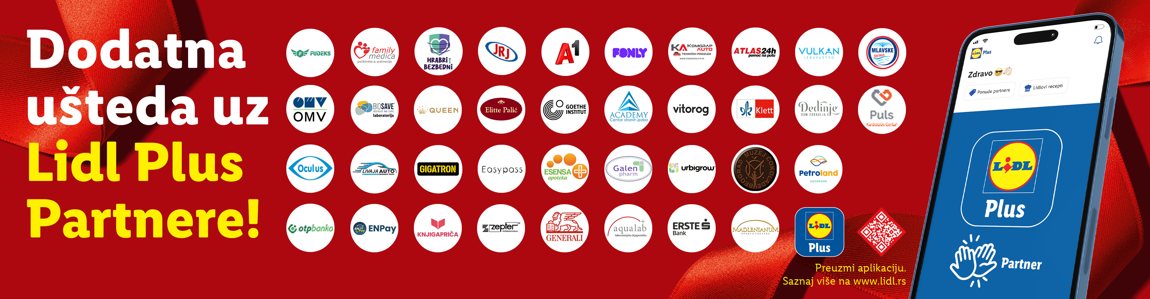 Lidl Plus partneri nude dodatnu uštedu, sa logotipima brendova kao što su Gigatron, OMV, Erste Bank i Petroland.