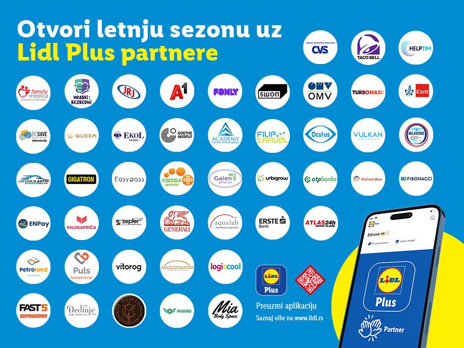 Lidl Plus partneri za letnju sezonu, sa logotipima raznih kompanija i prikazom mobilne aplikacije.