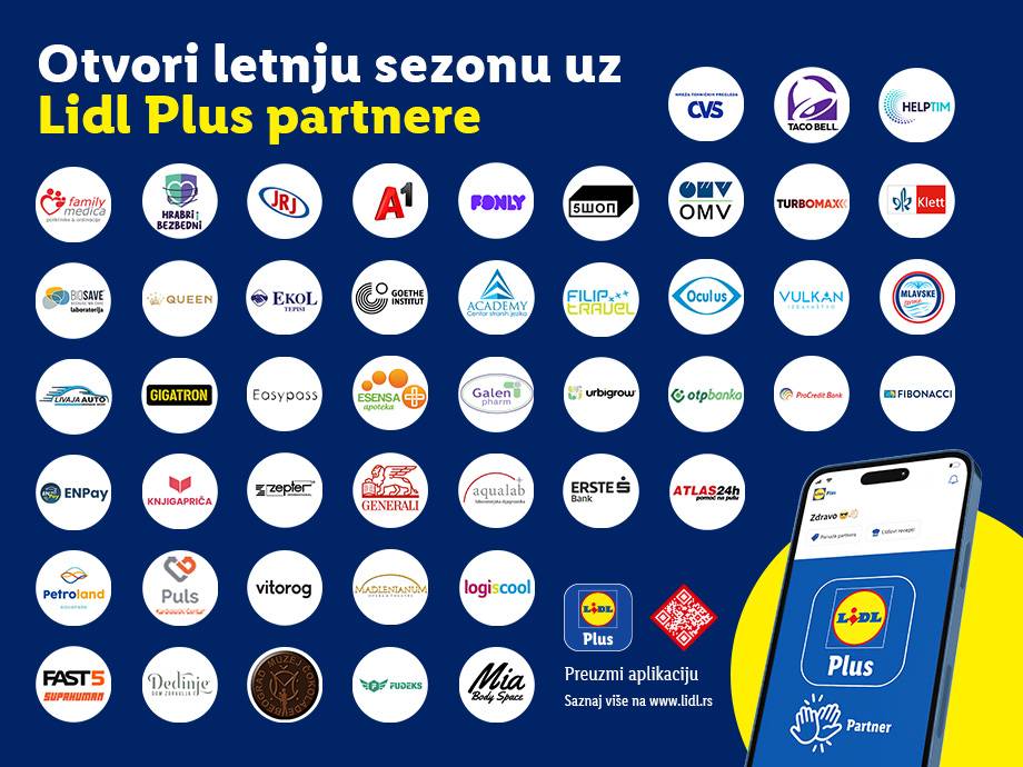 Lidl Plus partneri za letnju sezonu, uključujući banke, apoteke, putovanja i auto-servise, sa prikazom mobilne aplikacije.