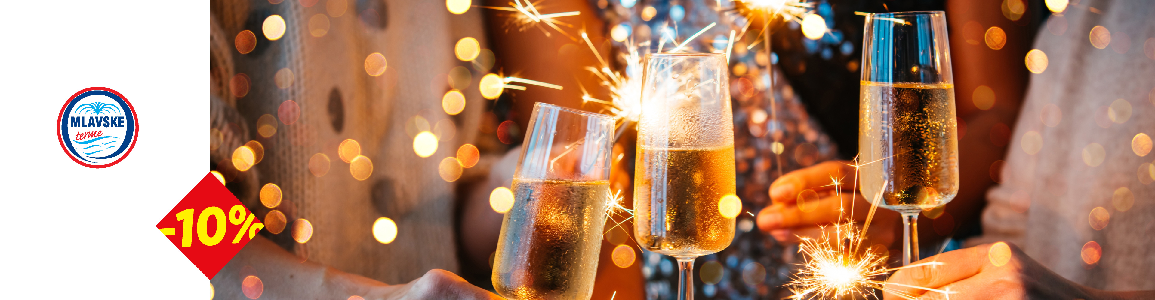 Ljudi nazdravljaju šampanjcem i prskalicama, sa logom Mlavske terme i -10% popusta.