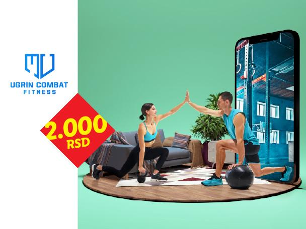 Ilustracija kućnog treninga uz online podršku trenera, sa istaknutom cenom od 2.000 RSD.