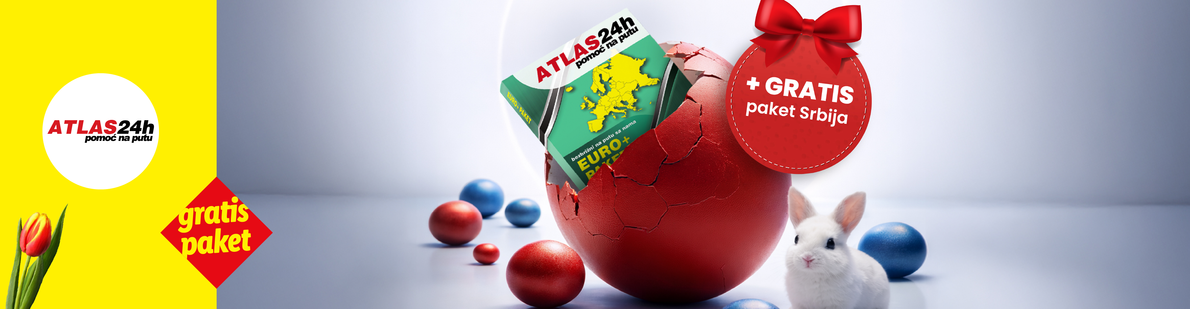 Uskršnja promocija sa besplatnim paketom za Srbiju i Euro paketom, uz belog zeca i tulipan.